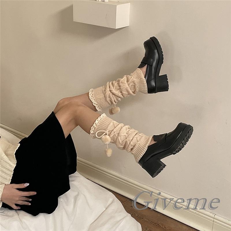 Vớ Ống Chân Dệt Kim Giữ Ấm Phối Ren Và Bóng Lông Thời Trang Đường Phố Cho Nữ