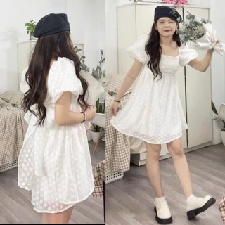 Đầm BBD voan trắng hoa nổi cutout lưng thun cột nơ nhún ngực tay bồng ngắn freesize Pumi