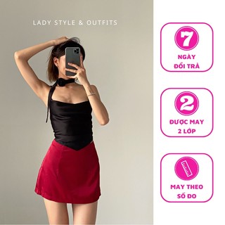 Áo dây lụa cổ đổ vạt nhọn dây đan chéo sau lưng kèm dây hoa đeo cổ lady style & outfits