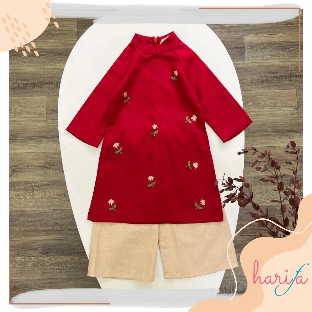 BADT010 Áo dài bé gái - chất liệu linen thêu tay - hoa tiết hoa lác đác - 1-6 tuổi