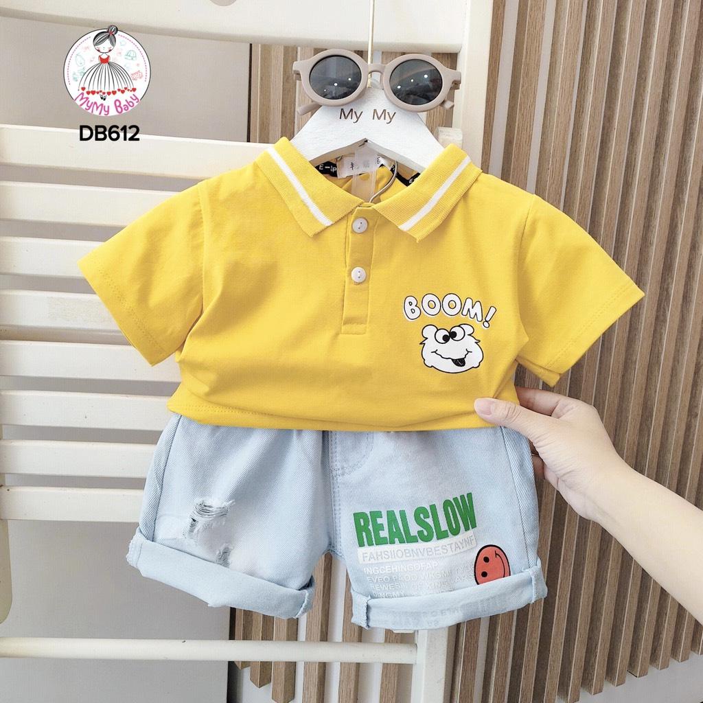 Đồ bộ BOOM cổ polo kèm quần jean chữ mặt cười có 2 màu trắng và vàng