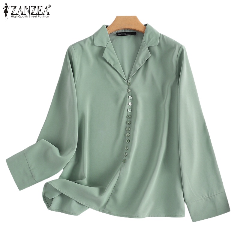 Áo sơ mi ZANZEA tay dài màu trơn phong cách Hàn Quốc thời trang công sở cho nữ