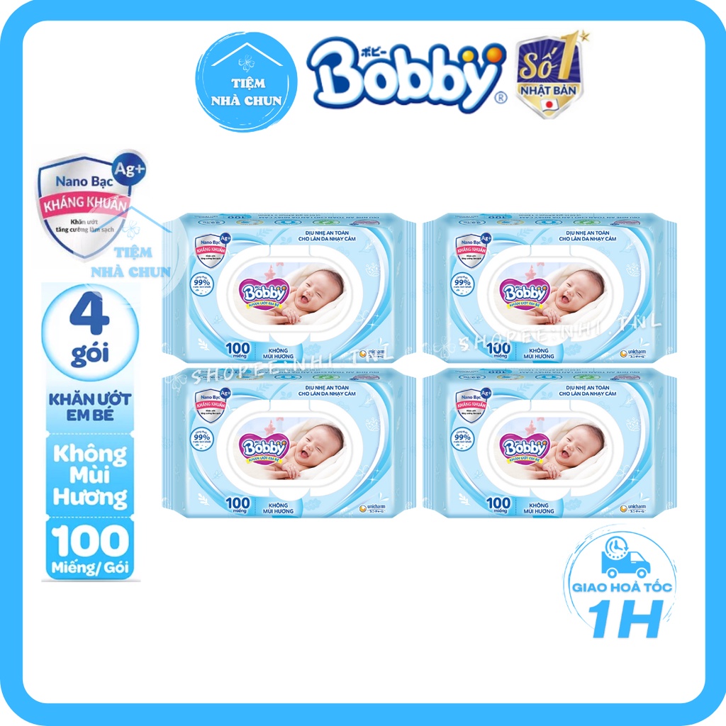 - Lốc 4 Gói 100 Miếng - Khăn Giấy Ướt Em Bé Bobby Care Không Mùi/ Không Hương   - NHI.TNL