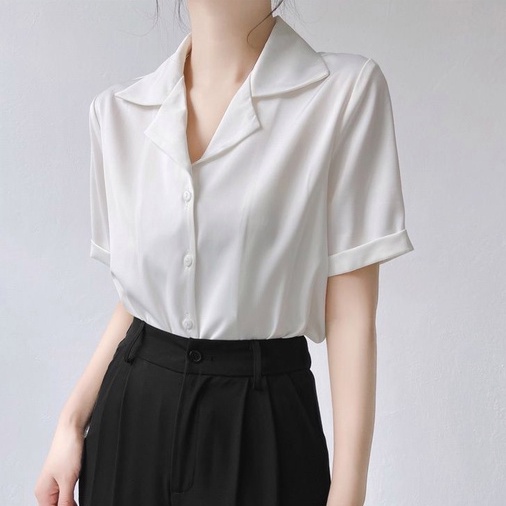 MELVILLE Áo sơ mi ngắn tay form rộng cổ vest, thời trang hiện đại unisex chất liệu vải lụa mềm chống nhăn (Người bán địa phương, vận chuyển nhanh)