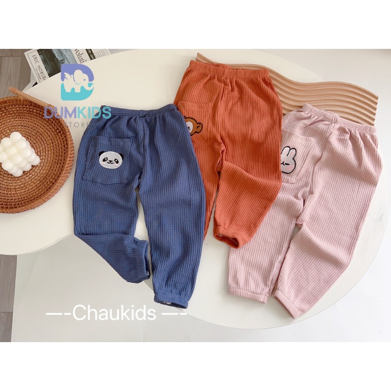 Quần bé gái , Quần cotton tổ ong túi sau thêu hình con vật đáng yêu cho bé.