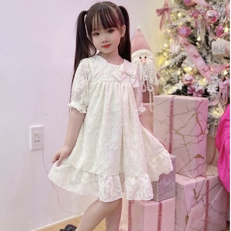 Váy cho bé gái Mykids Váy Thiết Kế 2 lớp Lụa tơ cao cấp dáng babydoll màu kem siêu xinh cho từ 8-32kg