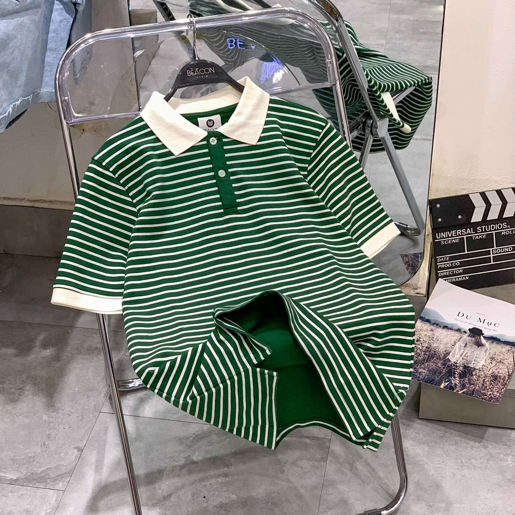 Áo Polo nam phối sọc ngang Rêu sọc kem vải cotton poly nam tính, thanh lịch, sang trọng AOPL25 BEACON DENIM