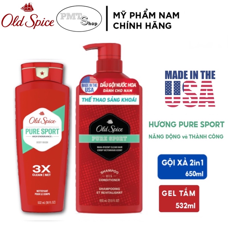 (NK Mỹ) Combo Old Spice gồm Dầu gội xả 2in1 650ml + Gel tắm 473ml 532ml Timber Bearglove Pure Sport Made in USA