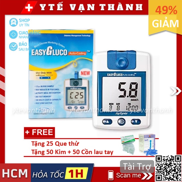 Máy Đo Đường Huyết Easy Gluco (Kèm 25 Que, Kim, Cồn) -VT0766 | Y Tế Vạn Thành