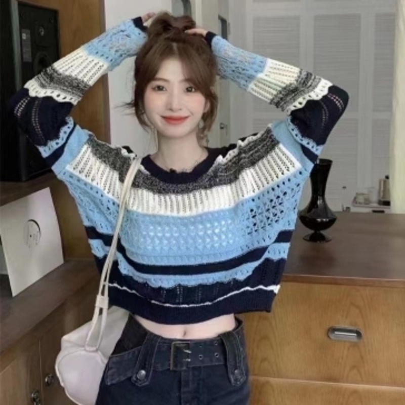 Áo Sweater Dệt Kim Tay Dài Kẻ Sọc Màu Sắc Tương Phản Thời Trang Mùa Thu Cho Nữ