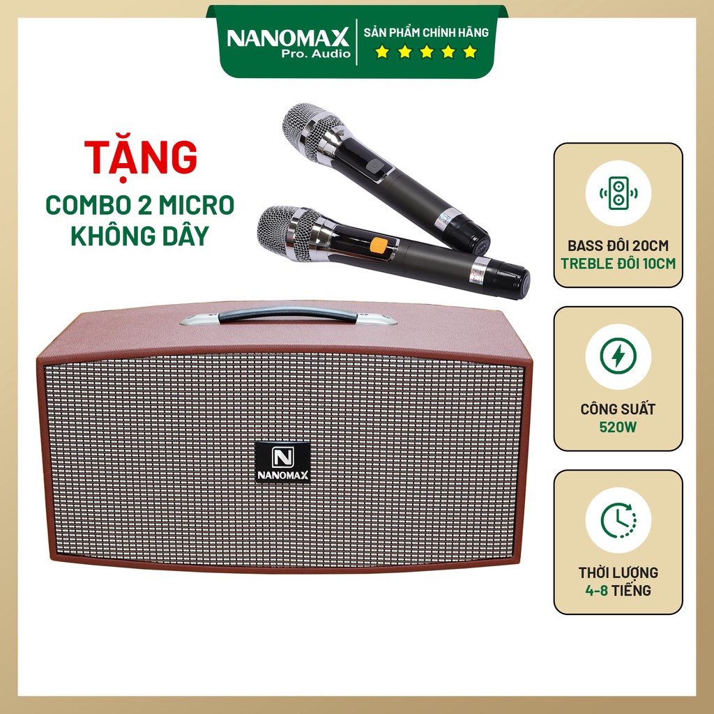 Loa Kéo Karaoke Xách Tay Nanomax X-420 X420 Nâu Bass Đôi 20cm Công Suất 520w