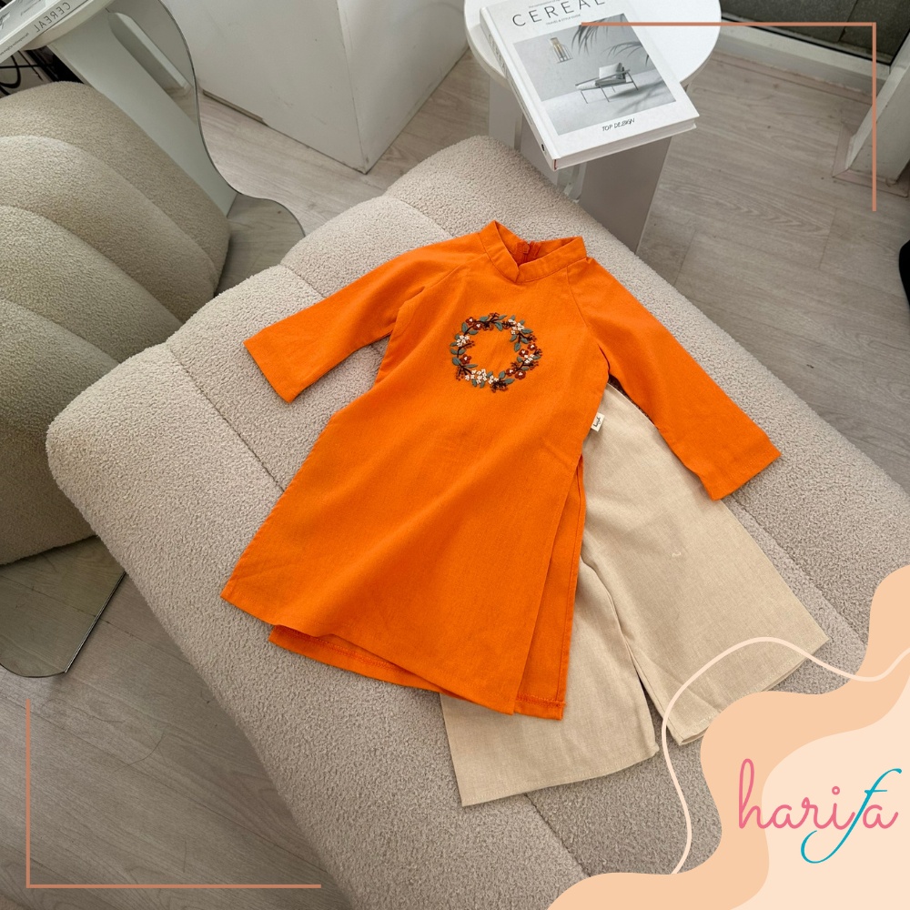 BADT010 Áo dài bé gái - chất liệu linen thêu tay - họa tiết hoa - 1-6 tuổi