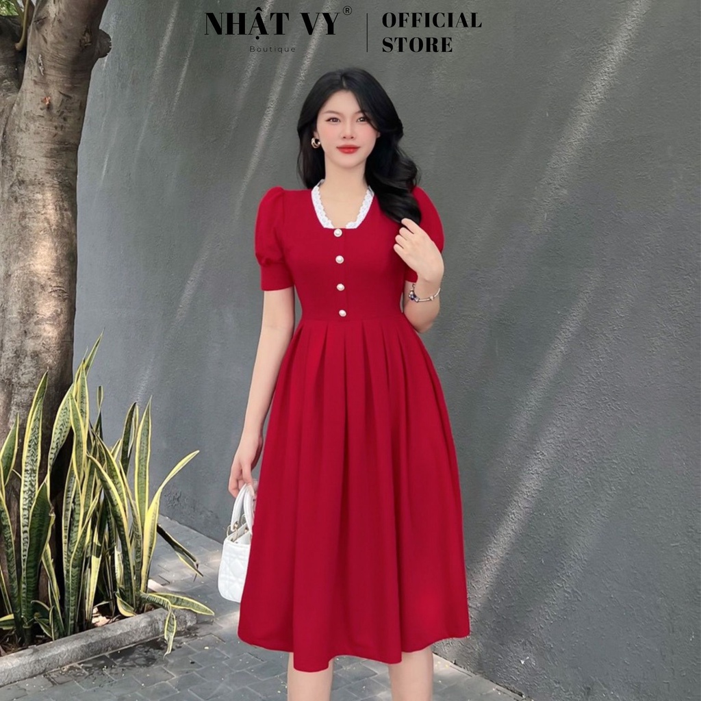 Đầm dự tiệc Nhật Vy tay ngắn cổ V viền ren đích cúc dáng xoè xếp ly chất thun phù hợp công sở đi chơi du lịch - D2601
