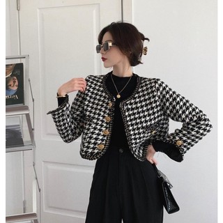  Áo len Tweed áo khoác cardigan dạ kẻ caro đen trắng dáng ngắn croptop sang chảnh cổ tròn E2-6.1 