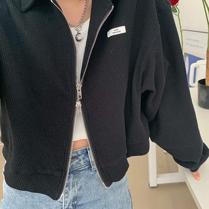 IELGY IELGY Áo Khoác Tay Dài Có Khóa Kéo Đôi Phong Cách Hàn Quốc Thời Trang Cho Nữ