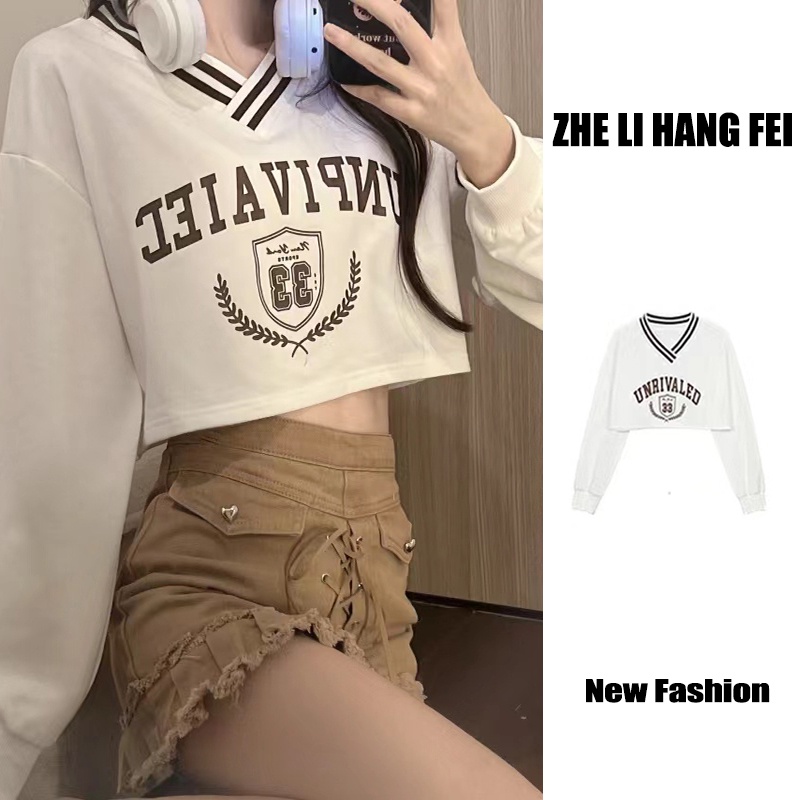 Áo thun croptop ZHELIHANGFEI tay dài cổ chữ V trẻ trung thời trang dành cho nữ