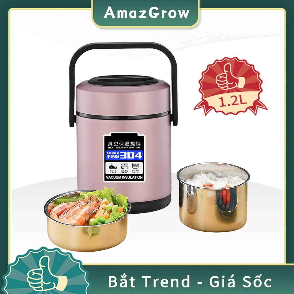 Hộp cơm giữ nhiệt văn phòng inox 304 - 1,2 Lít 2 tầng thiết kế chắc chắn chống tràn, 4 màu hiện đại, hâm nóng đơn giản
