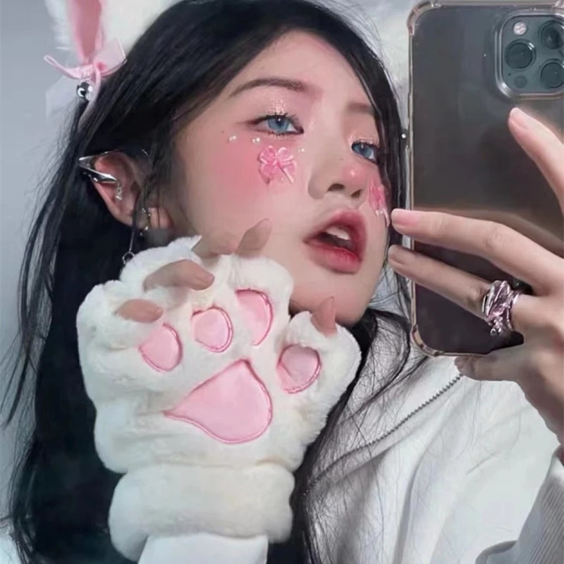 Găng Tay Giữ Ấm Dày Dặn Chống Lạnh Họa Tiết Chân Mèo Hoạt Hình Dễ Thương