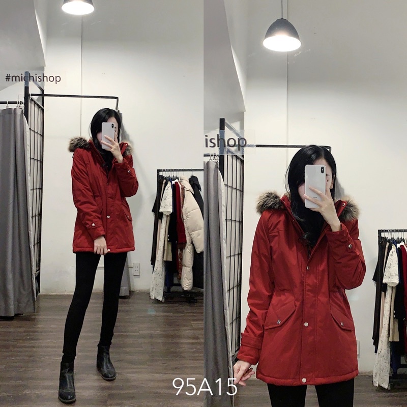 Áo parka kaki lót lông mỏng túi trước - 95A15