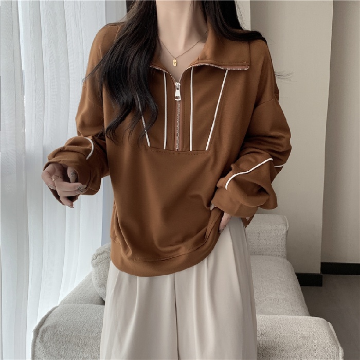 Áo Thun Polo Tay Dài Dáng Rộng Màu Sắc Tương Phản Phong Cách Hàn Quốc Thời Trang Mùa