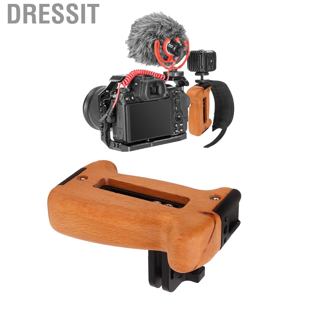 Dressit Wooden Side Handle Grip /4in Thread Shoe Mount For Camera DV Video Cage Kit