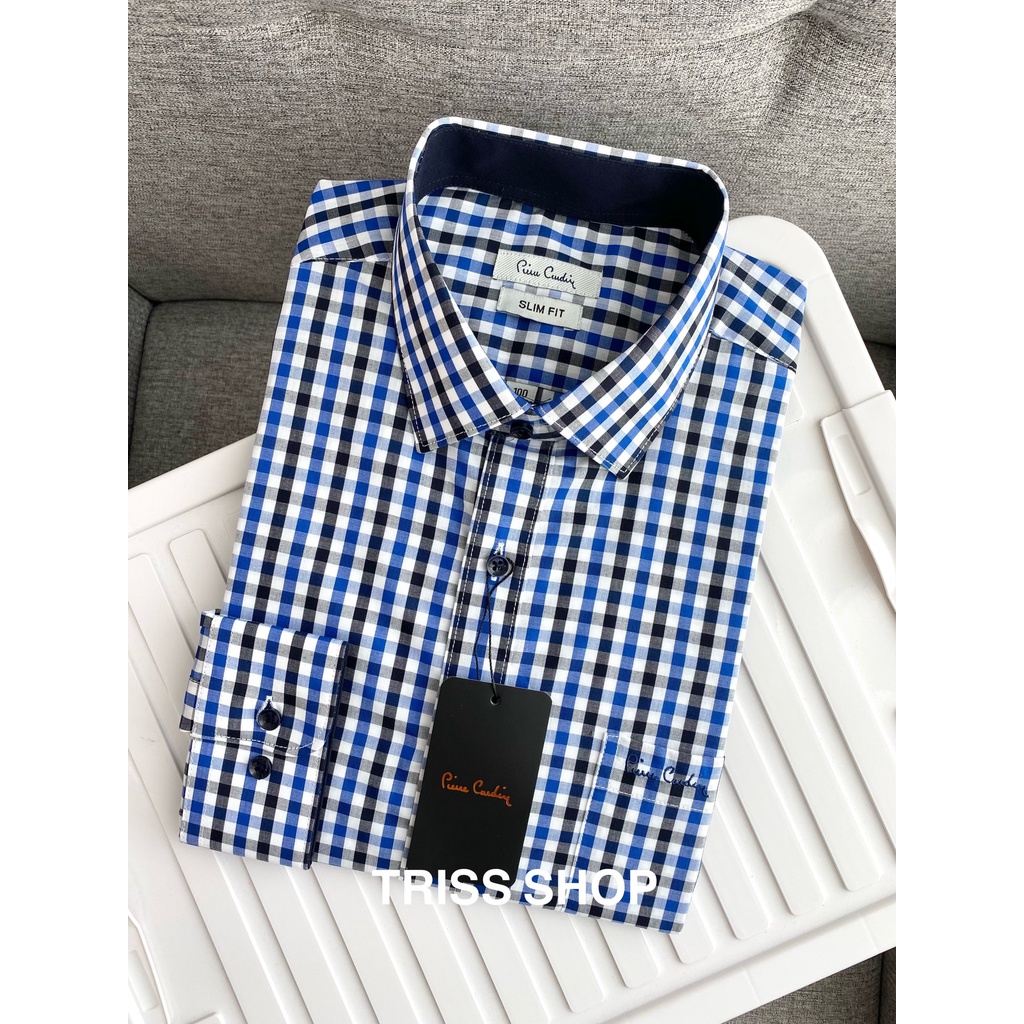 Áo sơ mi nam dài tay họa tiết caro cao cấp Pierre cardin 12 vải cotton chống nhăn form slimfit