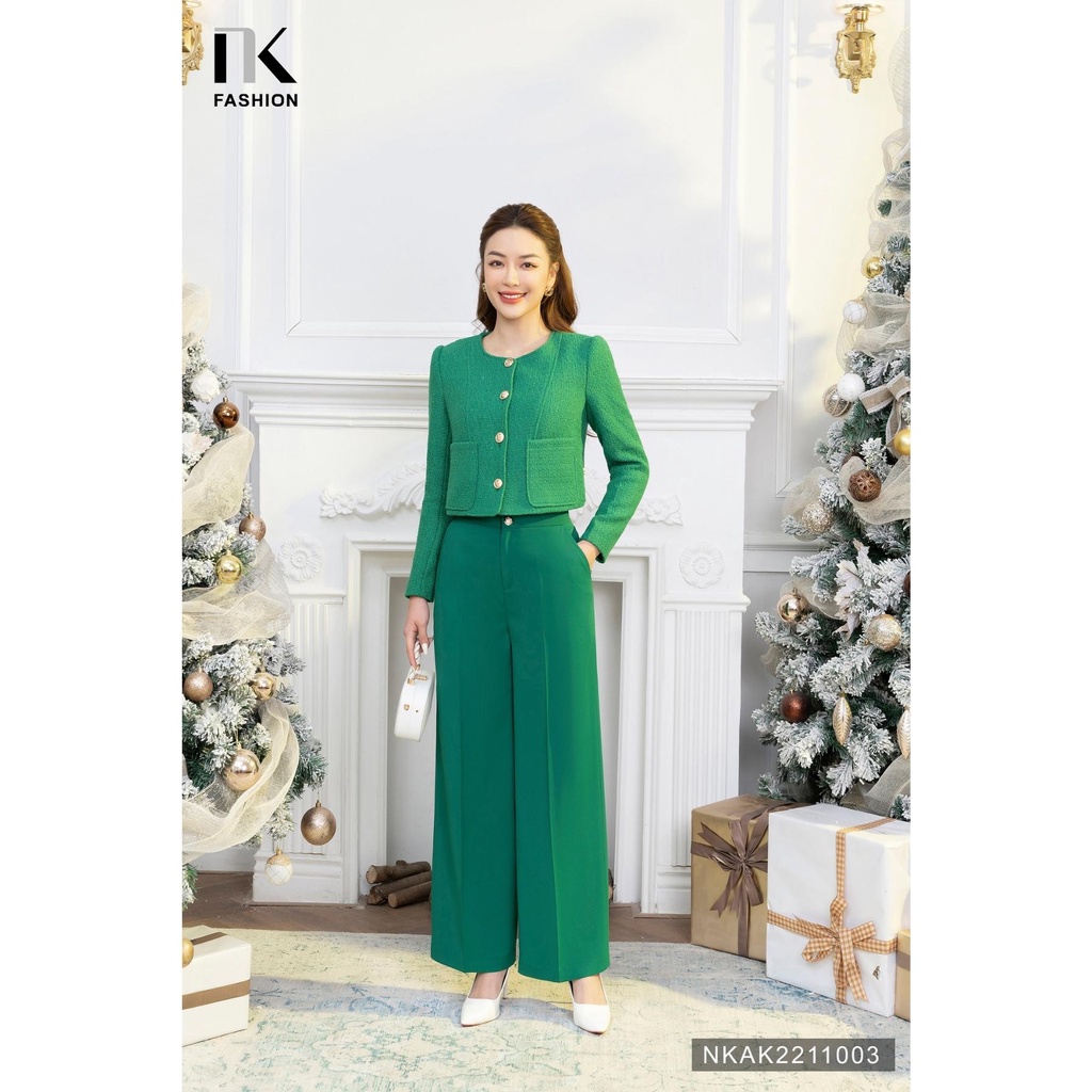 Áo Dạ Text Dáng Ngắn NK FASHION Thiết Kế Cổ Tròn Phối 2 Túi Thanh Lịch Chất Liệu Vải Nhập Hàn Cao Cấp NKAK2211003