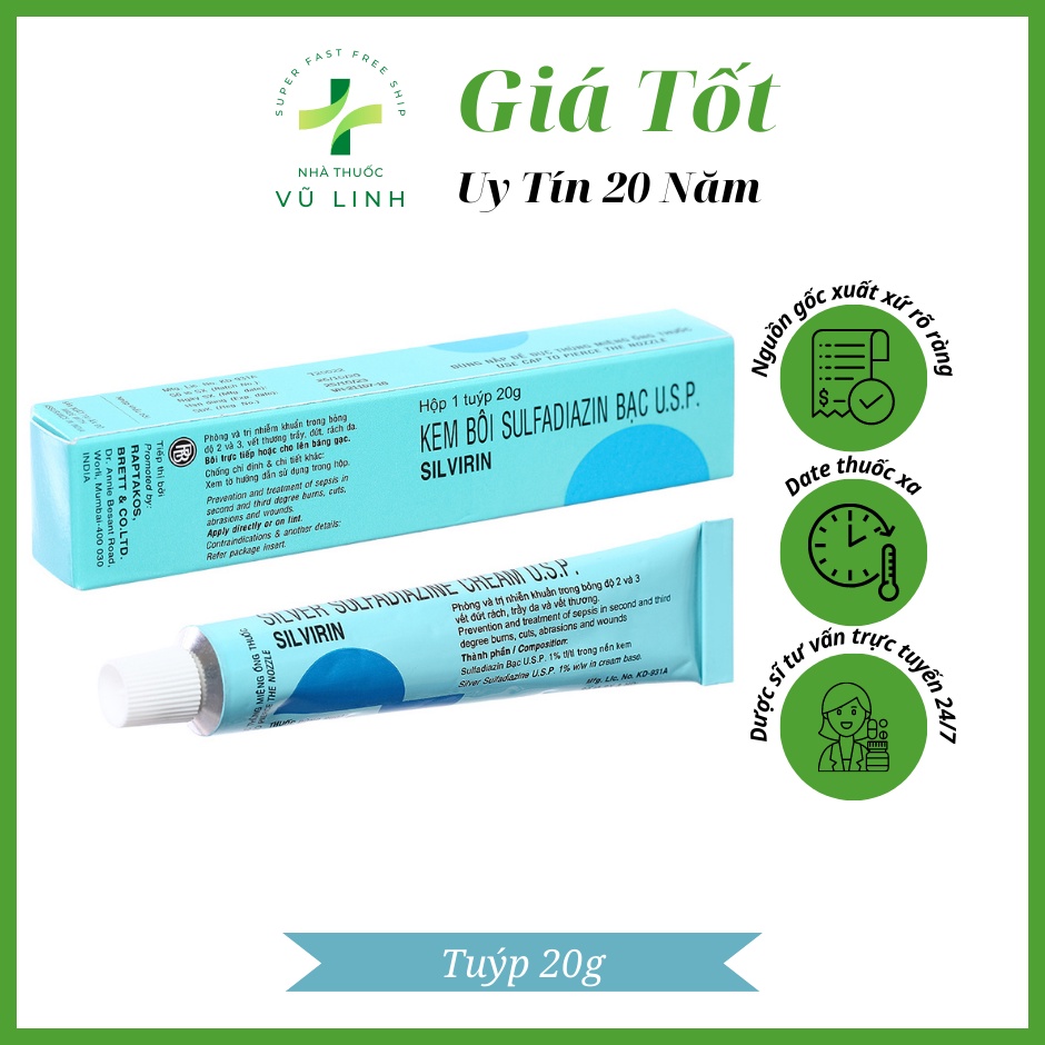 SILVIRIN-Kem bôi phỏng, phòng ngừa nhiễm khuẩn do bỏng, phỏng Tuýp 20g