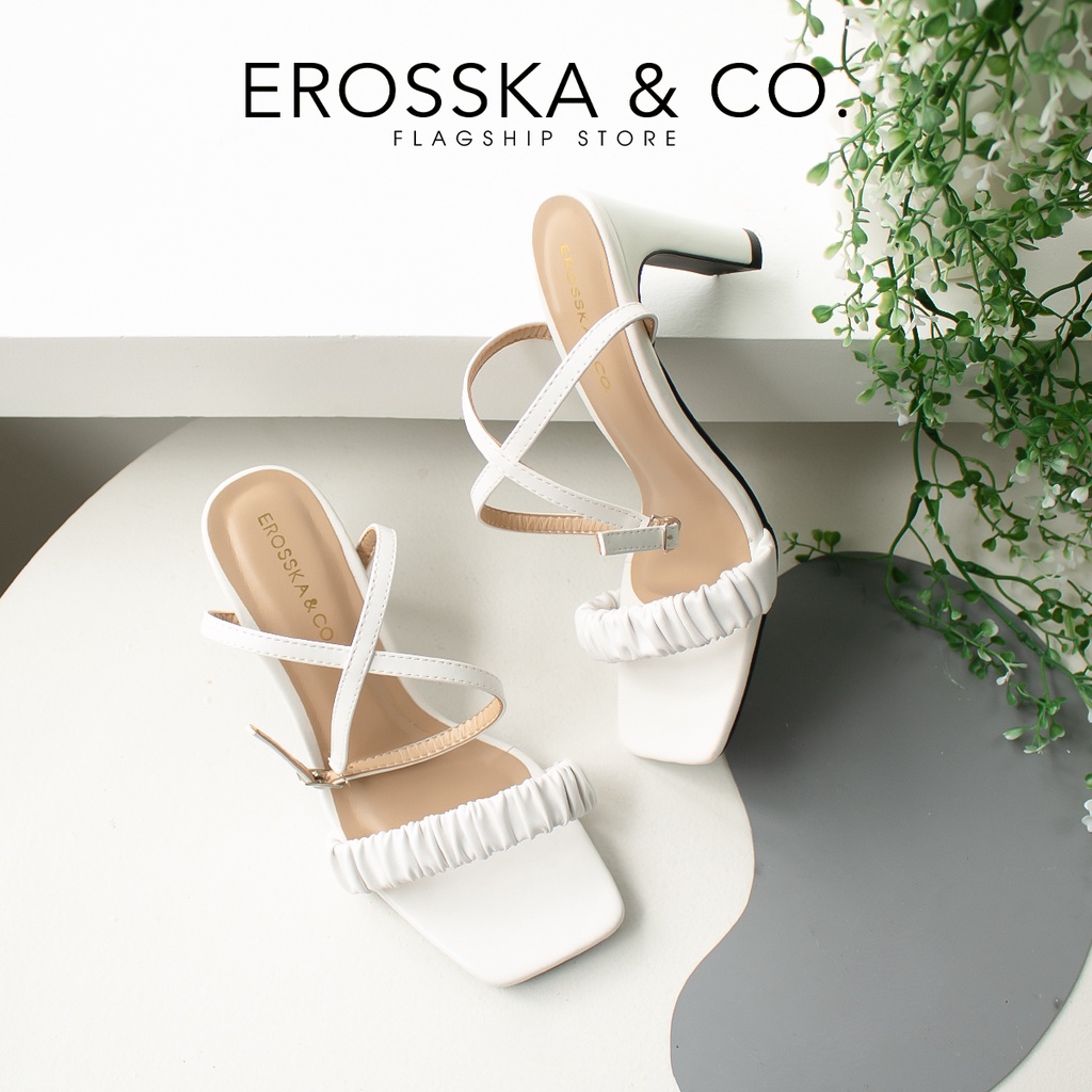 Erosska - Giày sandal cao gót nữ mũi vuông quai nhún thanh lịch cao 8cm màu nude - EB044