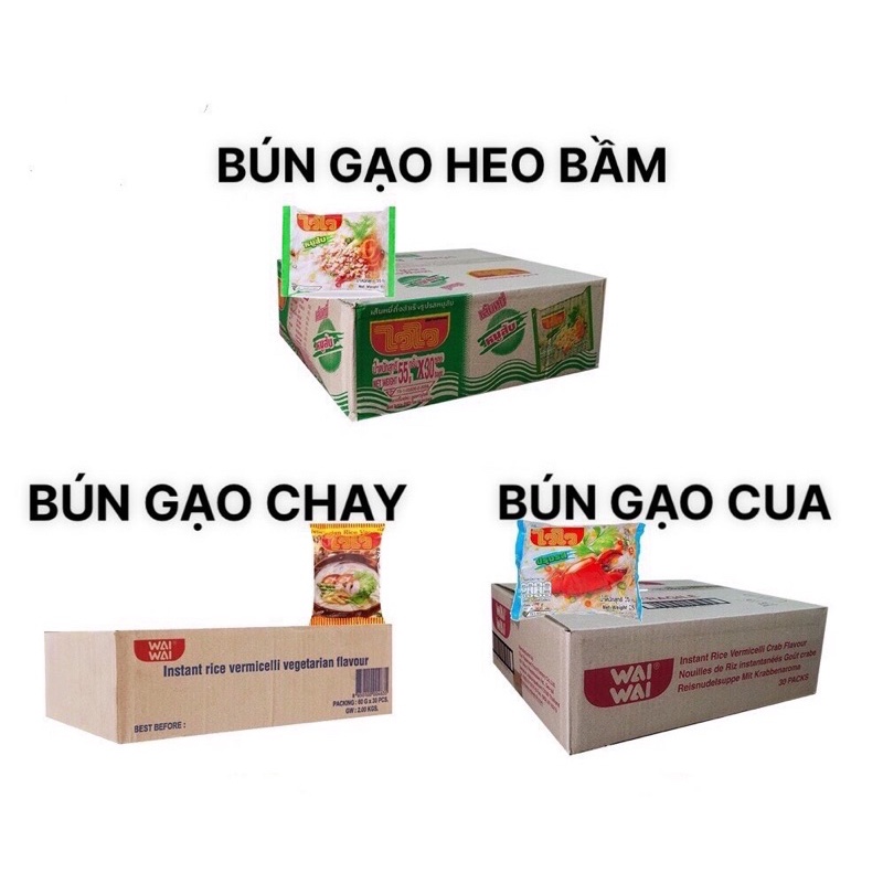 Bún Gạo Wai Wai Thái Lan Thùng 30 gói : BÚN GẠO HEO 55g - BÚN GẠO CUA 55g - BÚN GẠO CHAY 60g