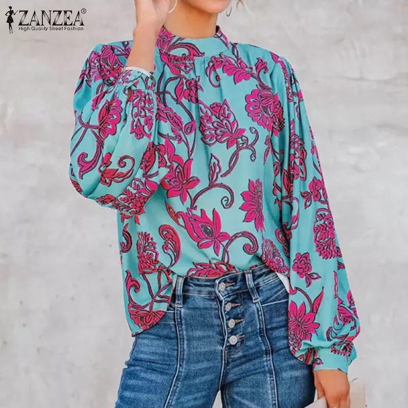 ZANZEA Áo Sơ Mi Tay Dài Cổ Đứng In Họa Tiết Thời Trang Cho Nữ