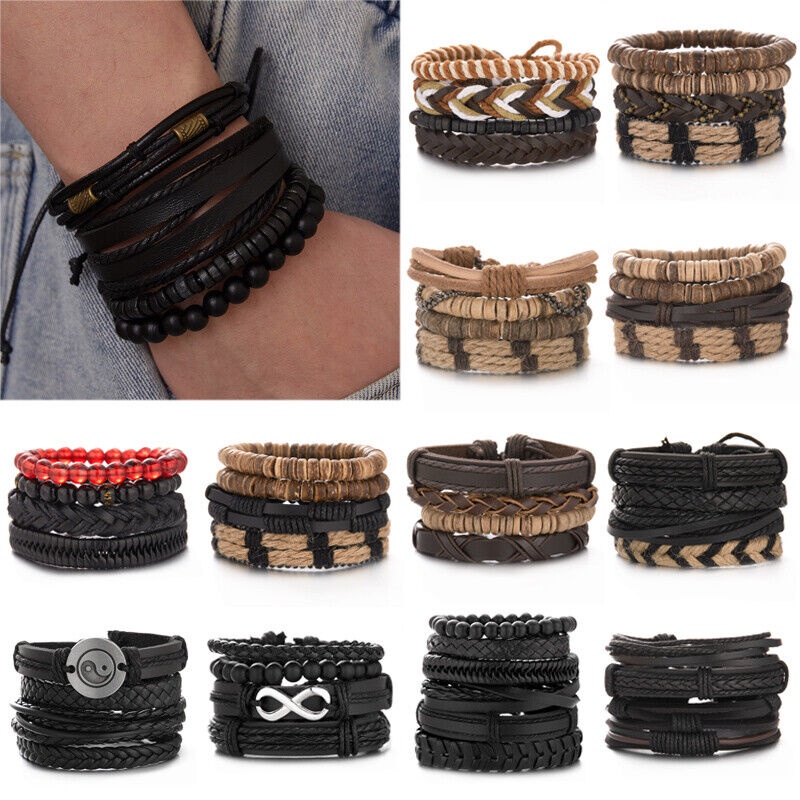 Set 6 Vòng Tay Da Nhiều Lớp Cho Nam Và Nữ