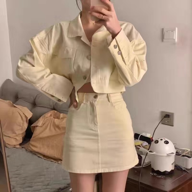 Set Jean bò nữ áo khoác tay dài phối chân váy chữ A thời trang cá tính năng động