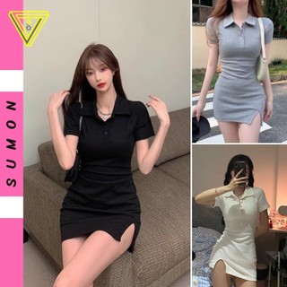 Đầm CỔ POLO XẺ Trước Tay Ngắn Phối Nút Chất Gân Đẹp, Váy Ôm Body Dáng Ngắn Cổ Bẻ Kiểu Trơn Tôn Dáng