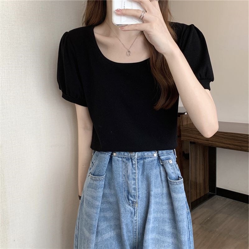 IELGY IELGY Áo Thun Tay Ngắn Cổ Tròn Ôm Dáng Phong Cách Pháp Thời Trang Cho Nữ