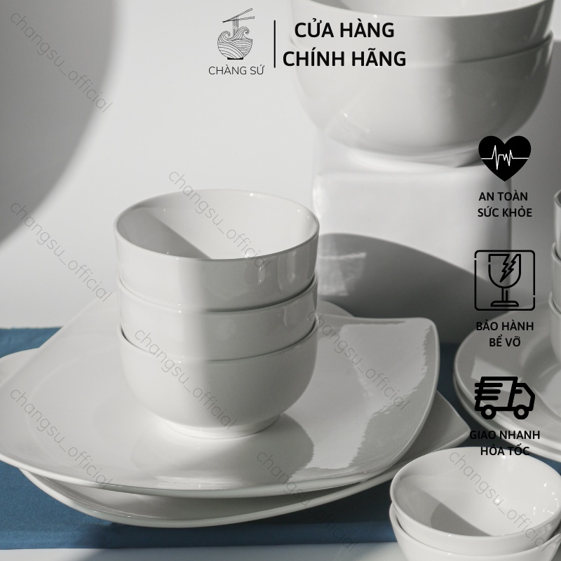 Bộ bát đĩa sứ Minh Châu trắng trơn 16 món cỡ lớn - Set chén dĩa cao cấp gia đình 6 người - Vỡ 1 đổi 1