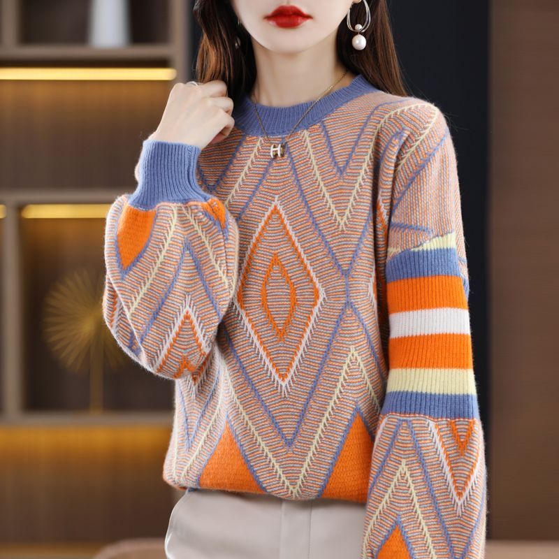 Áo Sweater Cổ Tròn Tay Dài Dáng Rộng Màu Sắc Tương Phản Phong Cách Phương Tây Dành Cho Nữ