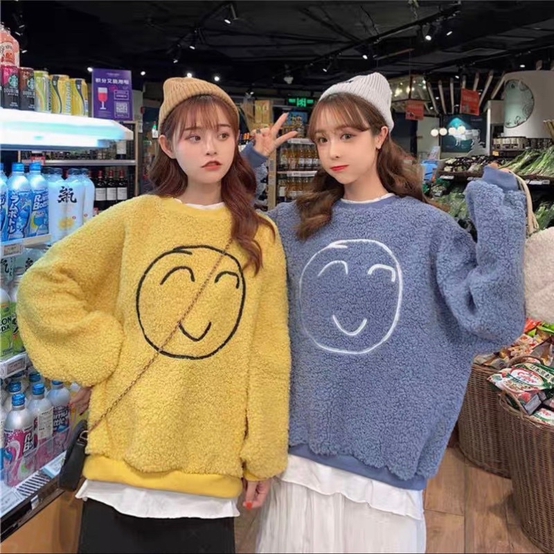Áo Lông Cổ Tròn Mặt Cười Dáng Rộng