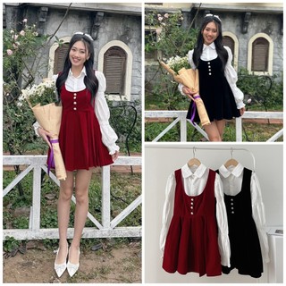Váy Đầm Nhung Dáng Xòe Phối Áo Sơ Mi Siêu Xinh