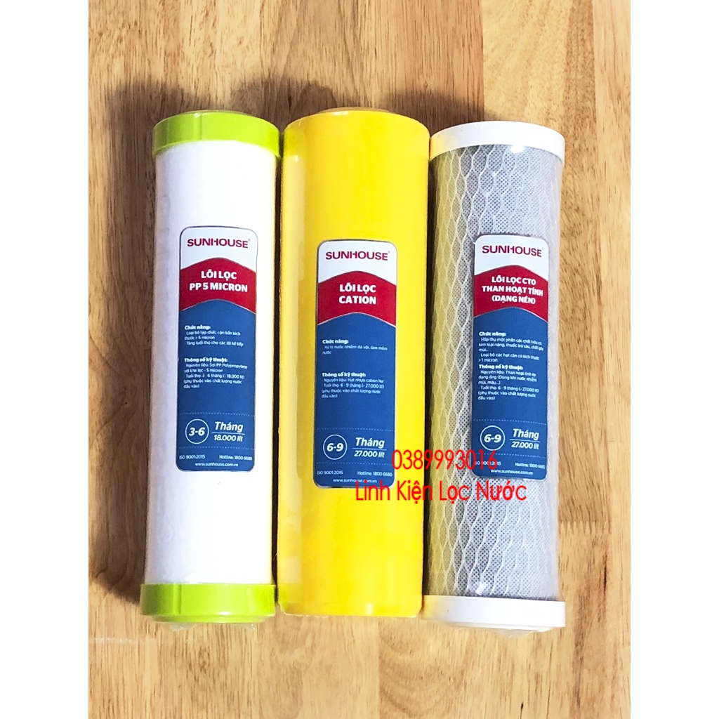 Bộ 3 lõi lọc nước 123 Cation Sunhouse khử nước nhiễm phèn, đá vôi, nước máy chứa clo