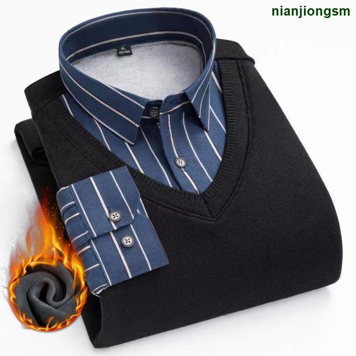 Áo Sơ Mi Nam Dài Tay Giả Hai Lớp Lót Lông Cừu Giữ Ấm Mùa Đông