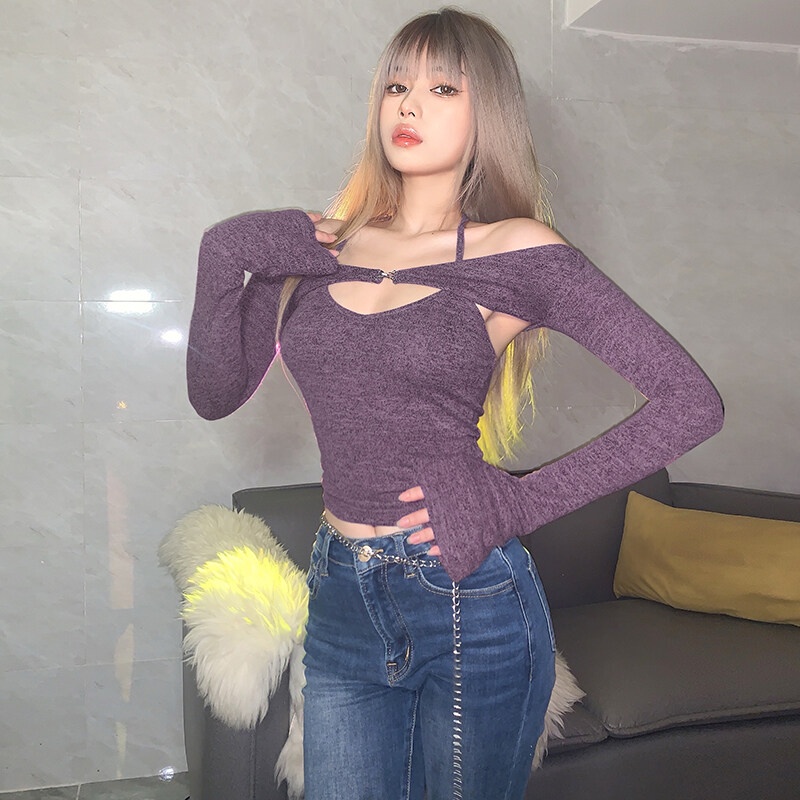 Áo kiểu croptop WEIRD PUSS tay dài thiết kế trễ vai quyến rũ thanh lịch dành cho nữ