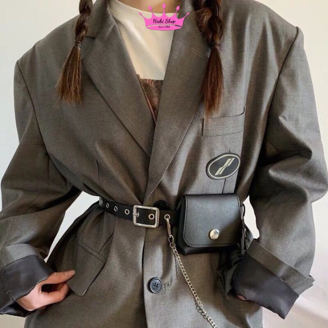 Đai váy lỗ bản nhỏ kèm dây xích và túi thời trang, thắt lưng lỗ, belt váy áo đầm cá tính