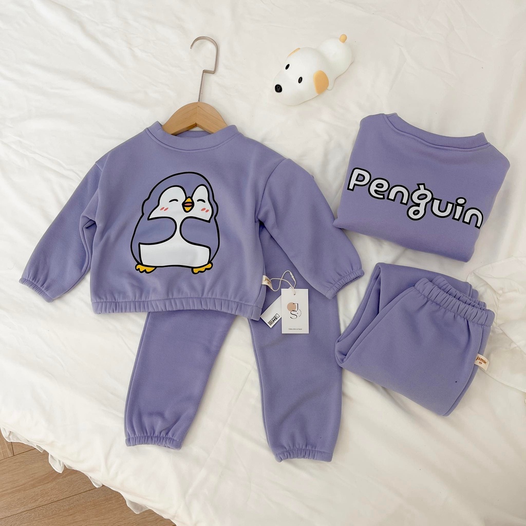 Bộ quần áo nỉ lót bông dài tay bo gấu siêu ấm dày dặn in hình decal không rạn cho bé 9-26kg