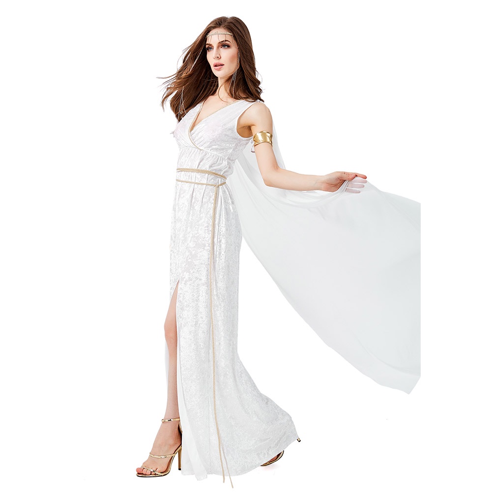Đầm Maxi Trắng Dài Cổ Chữ V Xẻ Tà Cao Phong Cách Nữ Thần Hy Lạp Cổ Điển Quyến Rũ Cho Nữ