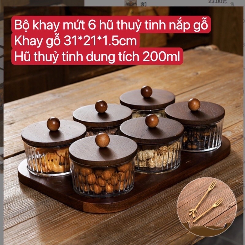 (HÀNG SẴN) KHAY 6 HŨ MỨT THUỶ TINH VÂN SỌC