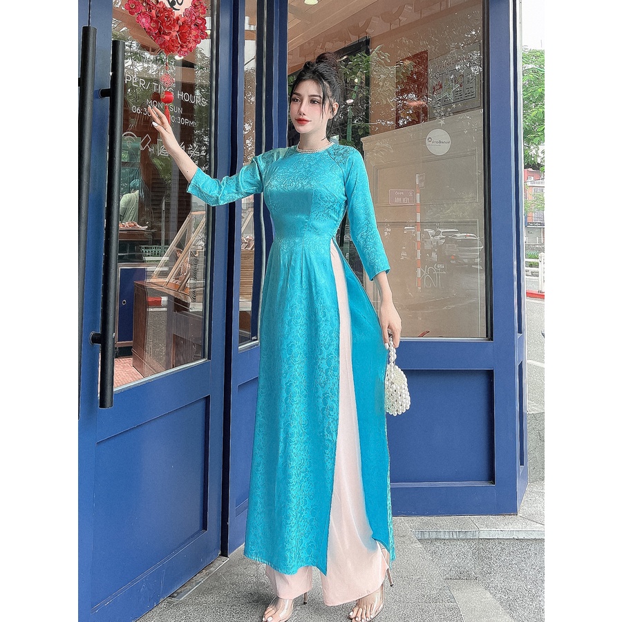 Áo dài gấm lụa hoa hồng viền cổ dễ thương AD018 - Lady Fashion