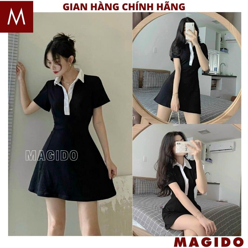 Váy Polo Đen Cổ Trắng - Đầm body Tết Dự Tiệc Thun Suông Thiết Kế Ôm Dáng Sexy Cao Cấp Đi Chơi Đẹp Sang Trọng - MAGIDO