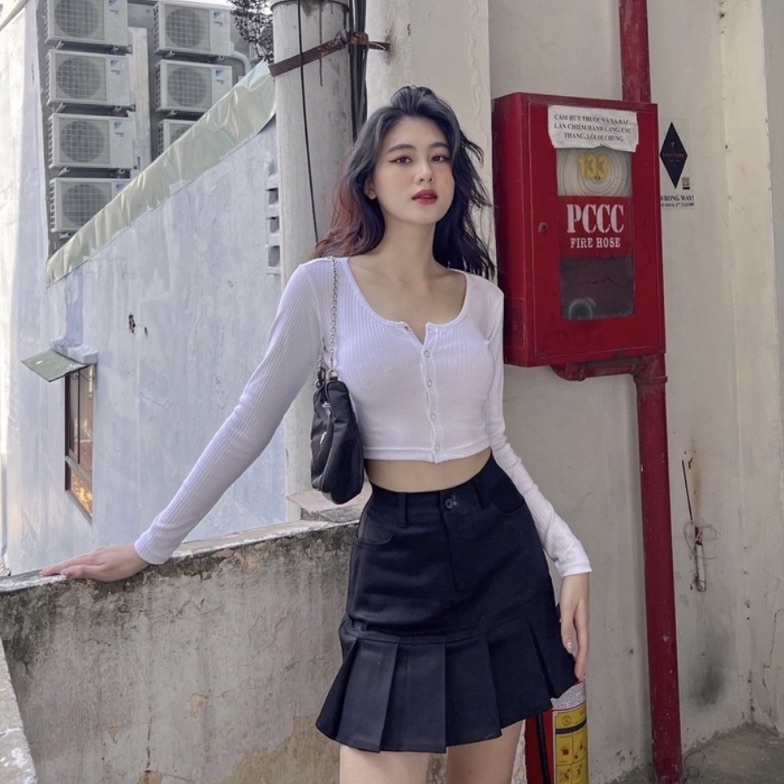 Áo croptop nữ tay dài HHVINTAGE kiểu bấm nút thun gân co giãn TOP A63