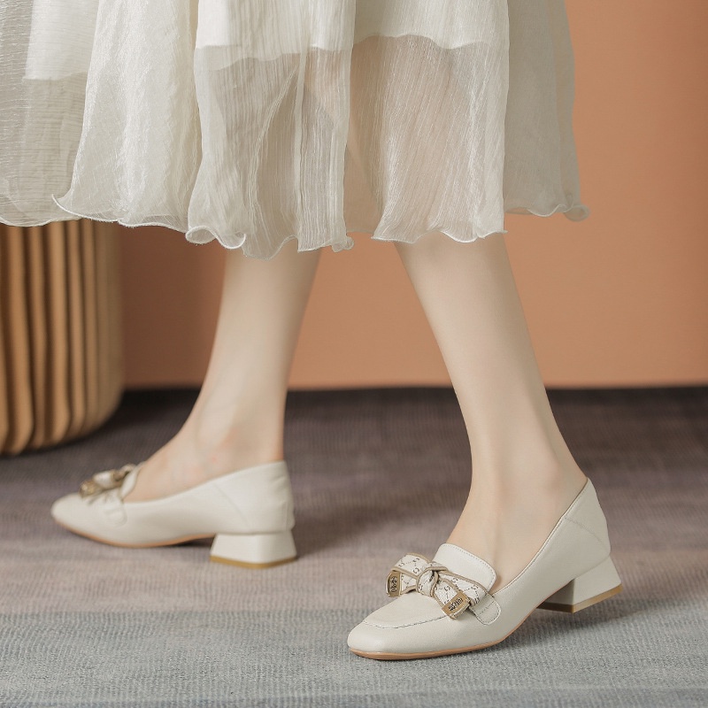 Giày Búp Bê Da Mũi Vuông Đính Nơ Phong Cách Hàn Quốc